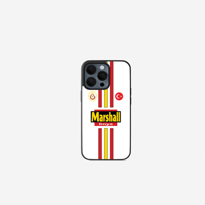 Hochwertige Galatasaray Retro Auswärtstrikot Handyhülle im nostalgischen Vintage Fußball Stil. Die glänzende Smartphone Hülle zeigt das klassische weiße Auswärts-Design mit rot-gelben Akzenten und Vintage GS Logo, inspiriert von glorreichen Süper Lig und Europapokal Zeiten.