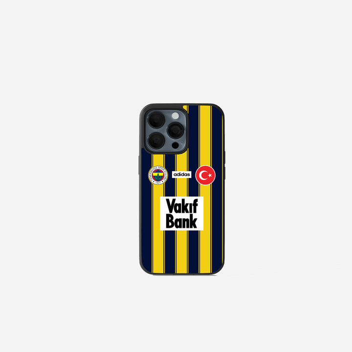 Hochwertige Fenerbahçe Retro Handyhülle. Das glänzende 2D Case zeigt ein nostalgisches Vintage Gelb-Blau Design im Used-Look mit dem klassischen Vereinslogo. Perfekt für iPhone und Samsung als Oldschool Fußball Zubehör.