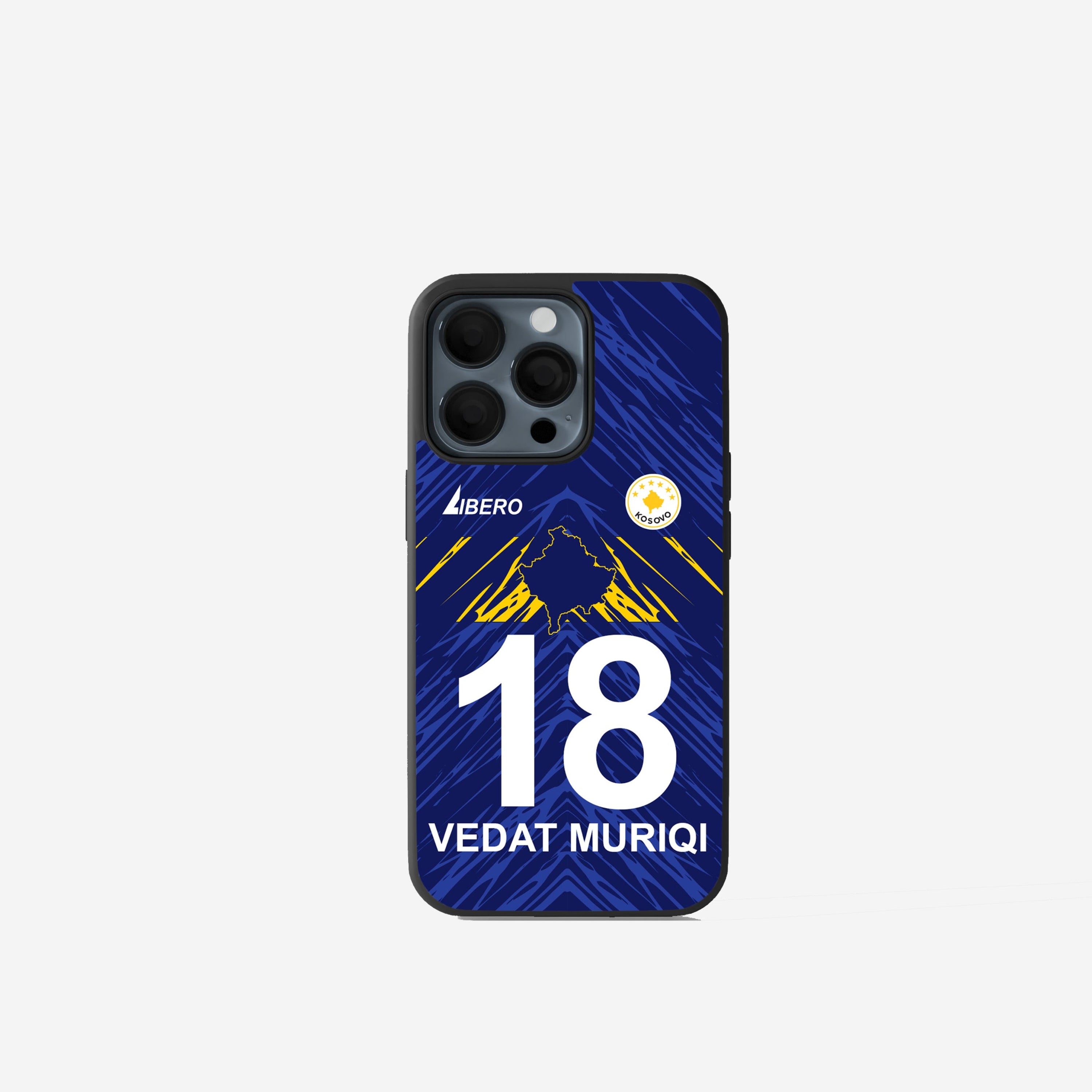 Kosovo Handyhülle im Fußball Trikot Design, bedruckte Kosovo Phone Case mit Dardanët Design und kosovarischen Nationalfarben in Blau-Gold